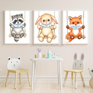 Set of 3 Baby Animals Nursery Prints | Fox Bunny Raccoon Wall Art | Woodland Nursery Decor | Kids Room Art | Digital Download