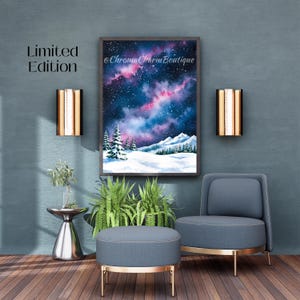 Winternachthimmel – Sternenklare Berglandschaft, himmlische Wandkunst, verschneites Galaxiewunderland, nordische Nacht digitaler Download