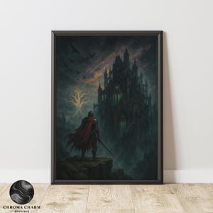Gothic RPG Wall Art Printable, Elden Ring Inspired Dark Fantasy Warrior Poster, Dramatic Castle Decor Digital Download