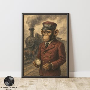 以下が含まれることがあります： 額縁に入ったヴィンテージスタイルのプリント。列車の車掌の格好をしたチンパンジーが懐中時計を持っています。「Conductor」と書かれた帽子と赤いジャケットを着ています。背景にはヴィンテージの列車があります。