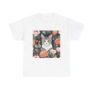 cat-shirt-for her , Cat Blissful with Flower Unisex Tee, Cute Kitten Graphic T-Shirt , Floral Cat Tee, Kitty Blossom