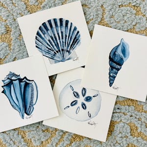 Blue Watercolor Shells, PRINTS SET of FOUR, Original Watercolor 6x6”, Unframed