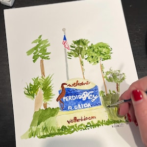 Perdido Key Art, Welcome Sign Landscape Watercolor - American Flag Art, Coastal Decor, Unframed 8x10 Mounted