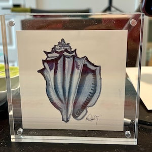 May include: A watercolor painting of a seashell in shades of blue and purple. The shell is depicted in detail, with its intricate ridges and curves. The painting is signed by the artist.