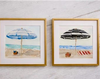 LOT de deux aquarelles parasols côtiers – oeuvres d'art originales de plage (8 x 10)