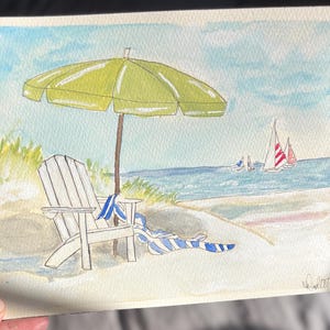 Beach Scene with Sailboats Original Watercolor | Not a Print | Coastal Style Artwork for Beach Inspired Interiors, Unframed, 7x10