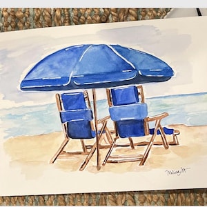 ビーチチェアのプリント、コアタル水彩画、8x10または5x7