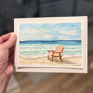 Beach Chair Ocean Watercolor - Hand Painted Original Artwork, 10.5x8.5 ...