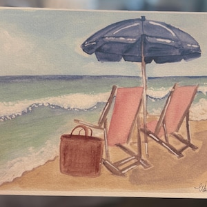Blue Beach Umbrella Original Watercolor Print, 8x10, Ready to Frame