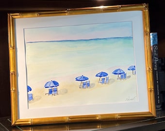 Beachscape Painting with Blue Umbrellas, 8x10 Print