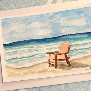 Beach Chair Ocean Watercolor - Hand Painted Original Artwork, 10.5x8.5 ...