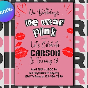 Invitación de cumpleaños inspirada en Chicas Pesadas, Fiesta de Noche de Chicas Pesadas, Invitación rosa de Chicas Pesadas para Noche de Chicas, Plantilla editable de Canva