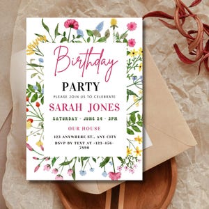 Flower Birthday Invitation Wildflower Birthday invite Floral Woman's Birthday Mother's day Invite CANVA EDITABLE Instant download