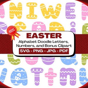 Pacote de letras do alfabeto do dia da Páscoa PNG, Clipart de Páscoa png, Letras de Doodle de coelho, Doodle desenhado à mão, Designs de conjunto alfa de sublimação PNG