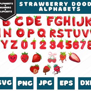 Strawberry Doodle Alphabet Bundle, Summer Fruits PNG Letters, Numbers & Accessories, Strawberry Clipart, Strawberry Font doodle png