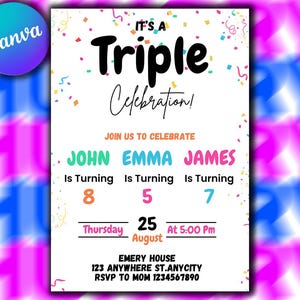 Editable Sibling Birthday Invitation, Double Birthday Invite, Dual Combined Twins, Boy and Girl Double Invite, Editable with Canva