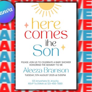 Editable Sunshine Baby Shower Invitation, Here Comes the Son Baby Shower Invite, Boy Sonshine Baby Shower, Boho Sunshine Showe