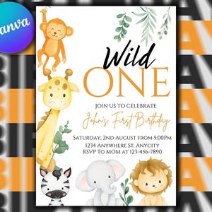 Editable Wild One Boy Birthday Invitation Safari Animal Birthday Invitation 1st Birthday Invite with Photo Boho First Birthday Jungle 1 st