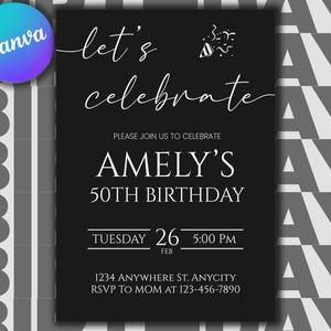 Minimalist Let&#39;s Celebrate Invitation Template Electronic Adult Surprise Birthday Invite Editable Reunion Party Gold Boy Girl Any Age