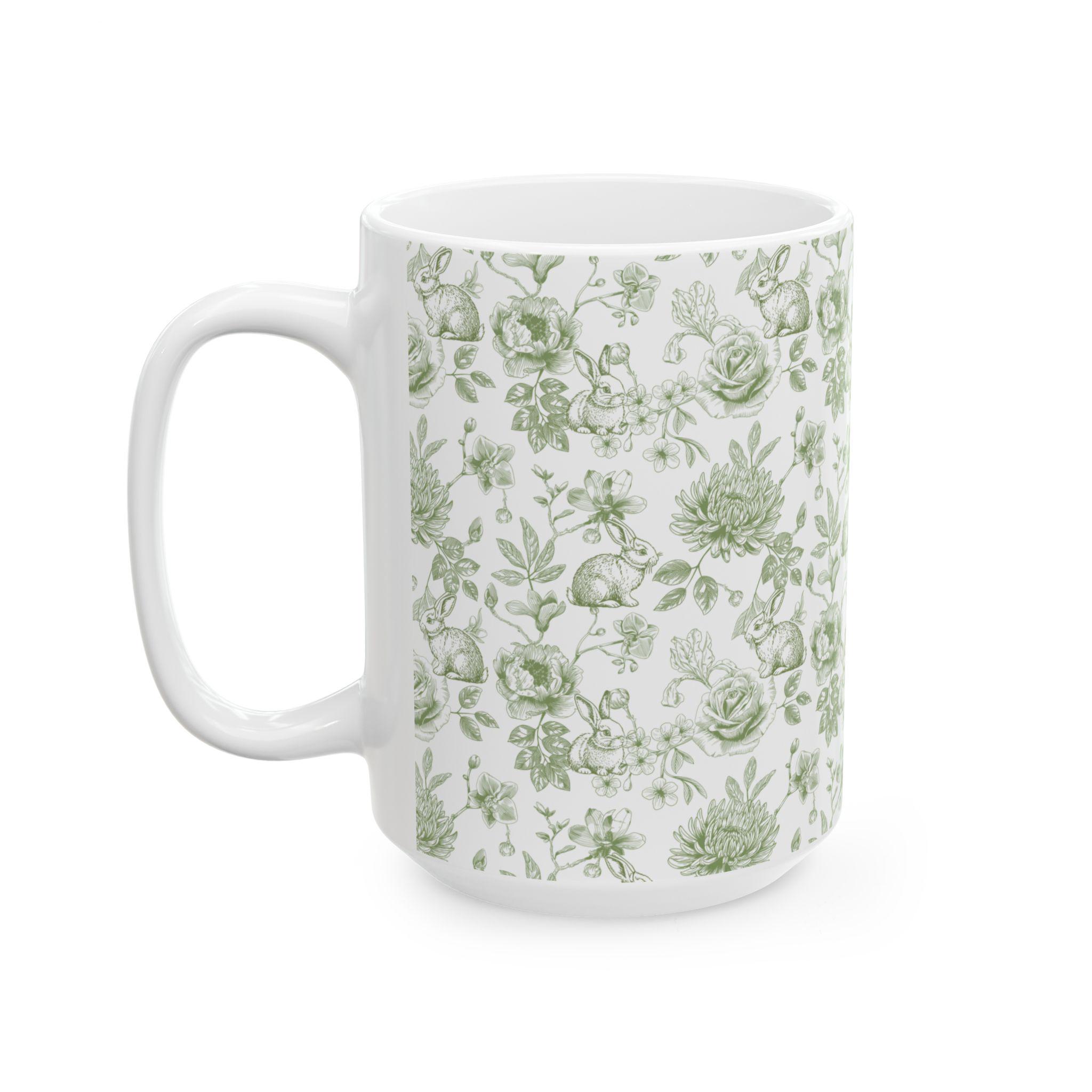 Sage Green Floral Bunny Mug, Whimsical Cottagecore Coffee Cup, Vintage ...