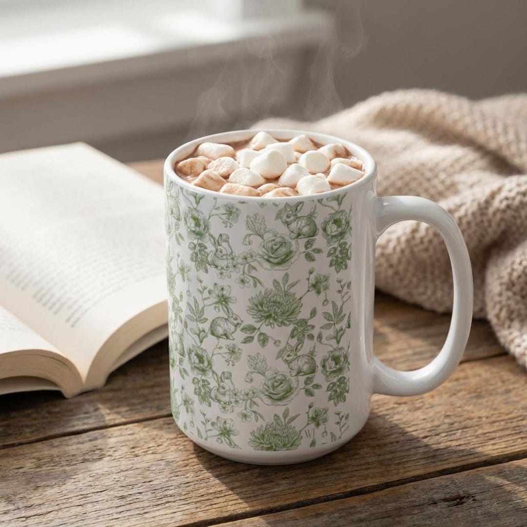 Sage Green Floral Bunny Mug, Whimsical Cottagecore Coffee Cup, Vintage ...
