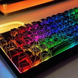 May include: A black mechanical keyboard with rainbow LED backlighting. The keycaps have a spiderweb design and the keys are labeled with letters, numbers, and symbols.