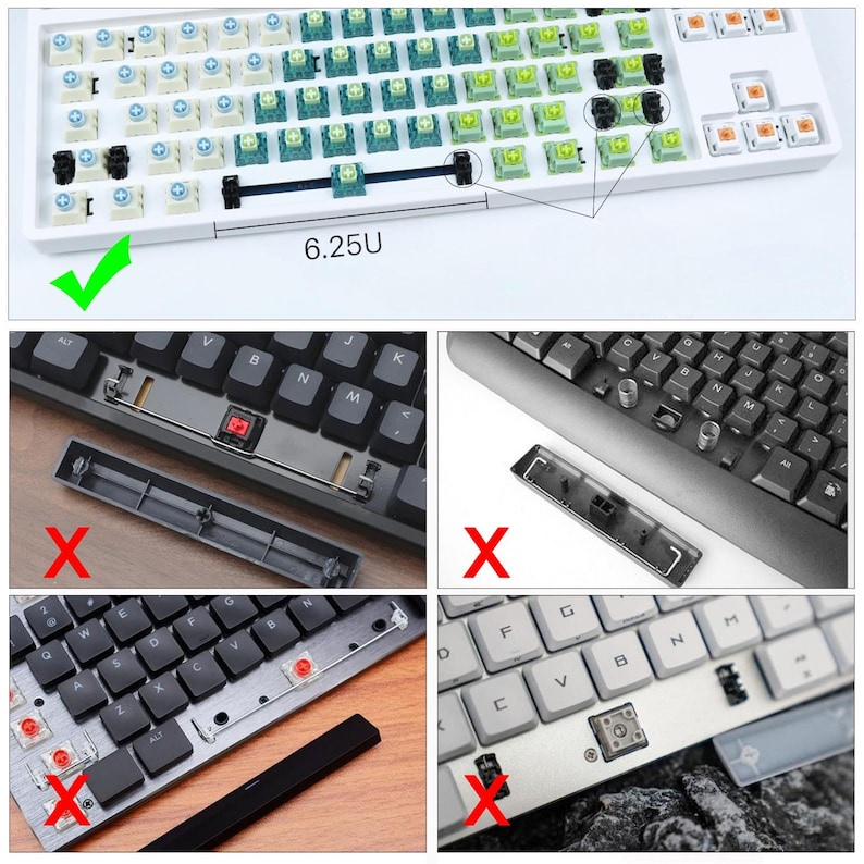 May include: A comparison of different keyboard layouts, showing the placement of the Alt key. The top image shows a keyboard with a 6.25U layout, while the bottom images show keyboards with different layouts. The text "ALT" is visible on the keys.