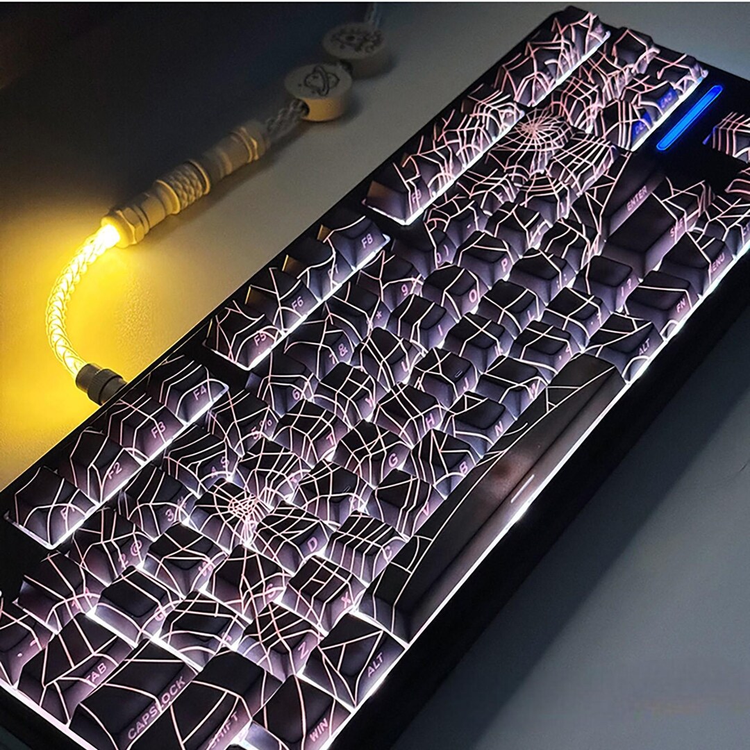 thumbnail image 2 of Sinyiin 64/74Key Translucents Keycaps Spiders Web Side Print Backlit Shine Through Keycaps For 60 80 61 64 68 75 87 Keyboards 2 of 12