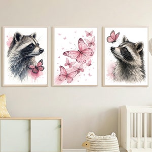 Set of 3 Watercolor Raccoon Posters, Girls Nursery Wall Art, Pink Butterfly Decor, Woodland Animal Prints, Baby Room Decor, Baby Nursery