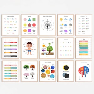 Pósteres educativos para preescolar: juego de 15 impresiones de arte de pared para decoración de guardería: hojas de trabajo preescolares para tablero Montessori: póster Montessori
