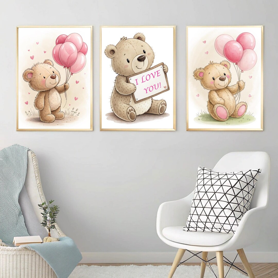 Set of 3 Teddy Bear Wall Prints for Kids' Room Bear, Cloud, Balloon ...