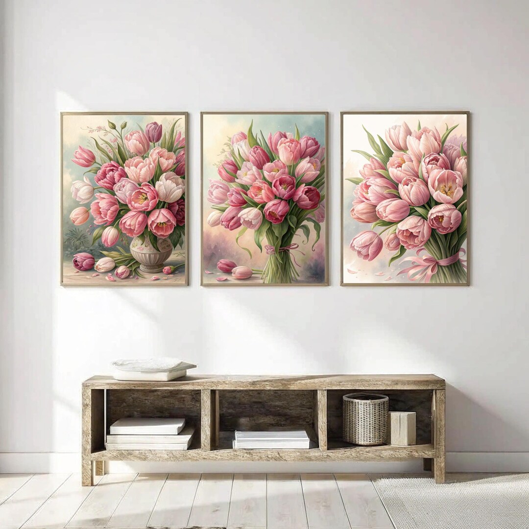 Pink Tulip Wall Art - Watercolor Floral Decor - Botanical Print Set ...