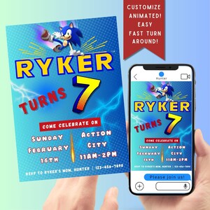May include: A blue and red birthday invitation with a cartoon image of Sonic the Hedgehog. The invitation says "Ryker Turns 7" and includes details for a party on Sunday, February 16th from 11am to 2pm. The invitation also includes a phone number to RSVP.