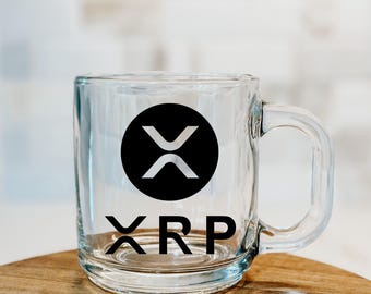 XRP Crypto Clear Glass Mug, 10oz - Ripple Logo, Cryptocurrency Gift, Coffee Cup, Stocking Stuffer, Investor Present