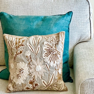Hand Embroidered Floral Pillow Covers, Neutral Throw Cushion, Vintage Beige Farmhouse Decor, Rustic Boho Living Room, Minimalist Cozy Home