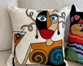 Funda de almohada con diseño de rostro abstracto: cojín multicolor divertido