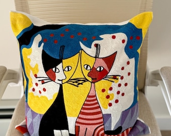 Funda de almohada con diseño de gato colorido: cojín decorativo caprichoso