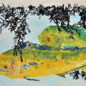 Dolphin - &quot;Weedline&quot; - Gyotaku Fish Rubbing - Limited Edition Print (33 x 19.5)