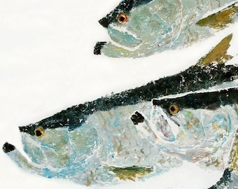 Schooling Tarpon - Gyotaku Fish Rubbing - Limited Edition Print (33 x 17.5)