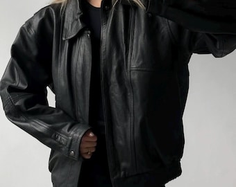 Women's Black Leather Bomber Jacket: Genuine Sheepskin Streetwear