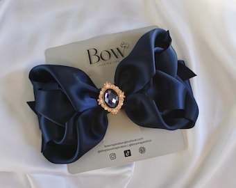 Navy Blue Satin Hair Bow Clip: Handmade Coquette Barrette