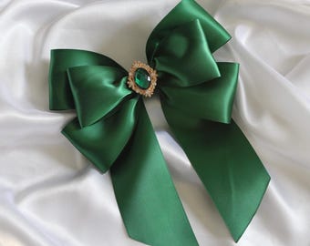 Green Satin Coquette Hair Bow Clip: Elegant Long Tail Ribbon Barrette