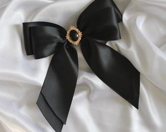 Black Satin Hair Bow Clip: Elegant Short Tail Ribbon Barrette
