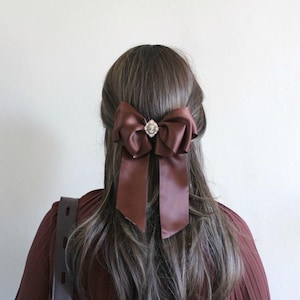 Brown Satin Cameo Hair Bow Clip: Victorian Coquette Barrette