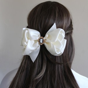 Ivory Satin Hair Bow Clip: Elegant Handmade Ribbon Barrette