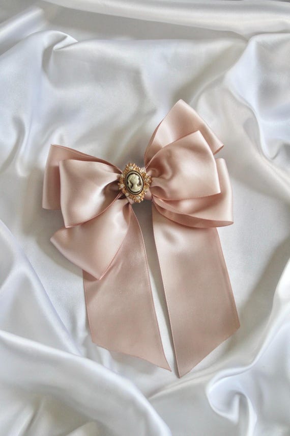 Beige Satin Hair Bow Clip: Elegant Long Tail Ribbon Barrette  display picture 3