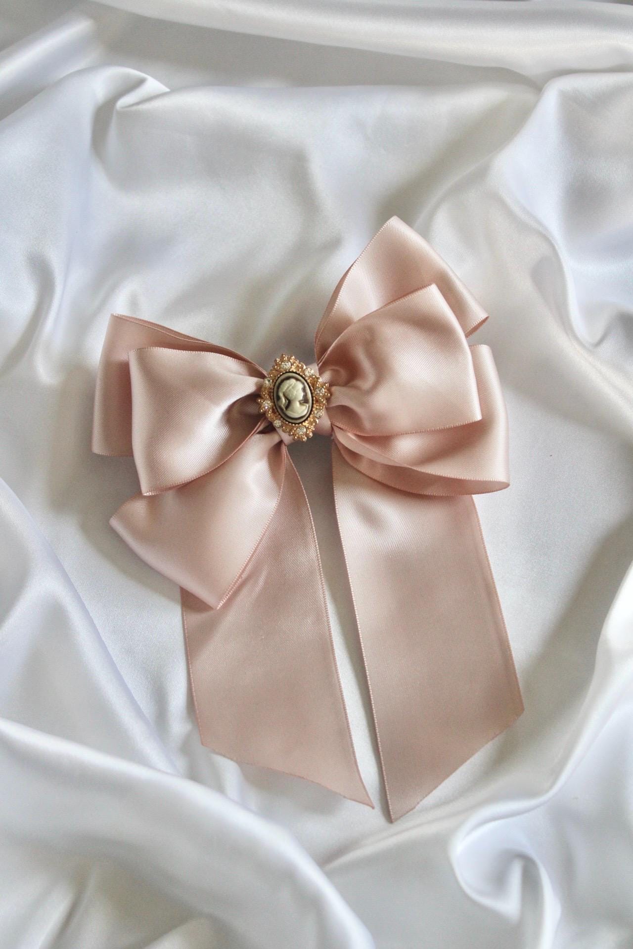Beige Satin Hair Bow Clip: Elegant Long Tail Ribbon Barrette - Etsy