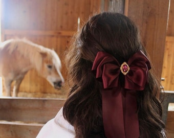Lazo para el cabello extragrande de satén burdeos: Clip estilo vintage coqueto y cottagecore