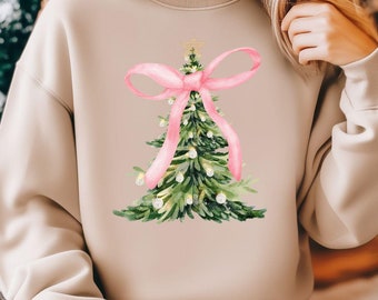Weihnachtsbaum-Bogen-Shirt, Weihnachtssweatshirt für Frauen, Weihnachtsbaum, rosa Schleife, Feiertags-Sweatshirt, niedliches Weihnachtssweatshirt