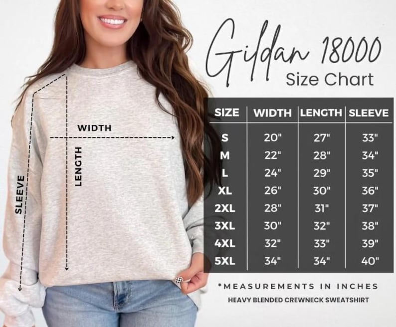 K&ouml;nnte beinhalten: Gr&ouml;&szlig;entabelle f&uuml;r Gildan 18000 schwere, gemischte Crewneck-Sweatshirts. Die Tabelle zeigt die Ma&szlig;e in Zoll f&uuml;r Breite, L&auml;nge und &Auml;rmell&auml;nge f&uuml;r die Gr&ouml;&szlig;en S bis 5XL.